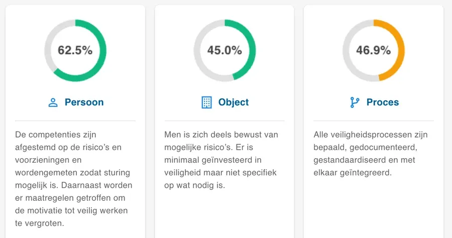 Voorbeeld van het resultaat: score per pijler met toelichting